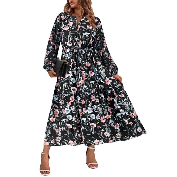 TIYOMI Womens Plus Size Dresses Fall Long Sleeve Black Floral Maxi Dresses V Neck Spring Autumn Long Dress Casual Party Work Office Dress With Pockets 4XL 26W