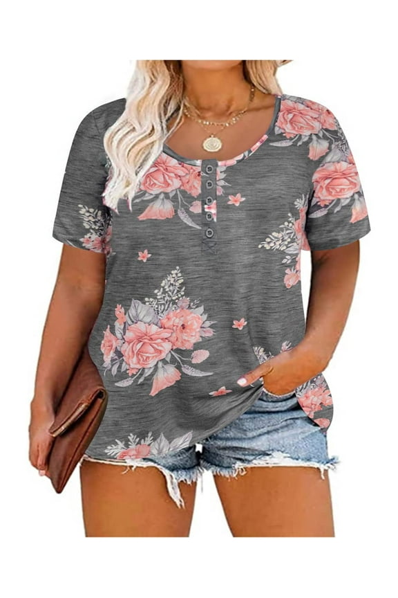 Womens Plus Size Floral Tops 3x Henley Shirts Buttons Up Short Sleeve Tees Grey Crewneck Summer T-shirts For Women Casual Tunics 3XL 20W 22W