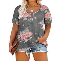 TIYOMI Womens Plus Size Floral Tops 3x Henley Shirts Buttons Up Short Sleeve Tees Grey Crewneck Summer T-shirts For Women Casual Tunics 3XL 20W 22W