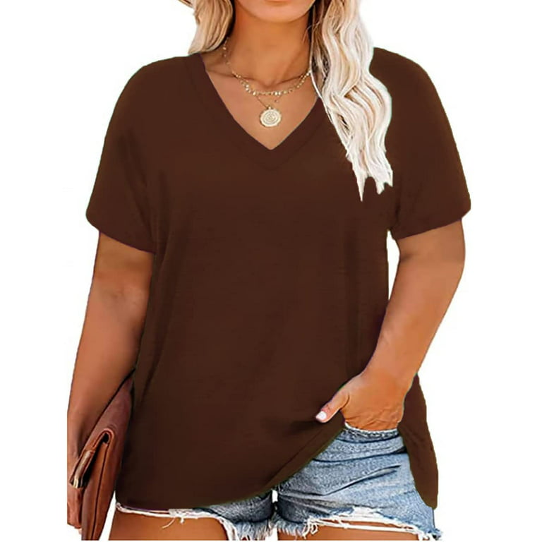 TIYOMI Womens Plus Size Shirts 2X Basic Summer Tops Short Sleeve Dark Brown  Blouses V Neck Casual Solid Color Tees Casual Loose Fit 2XL 18W 20W