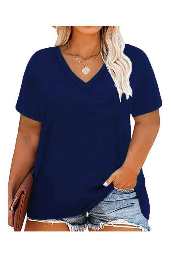 Womens Plus Size Shirts 2X Basic Summer Tops Short Sleeve Deep Navy Blue Blouses V Neck Casual Solid Color Tees Casual Loose Fit 2XL 18W 20W