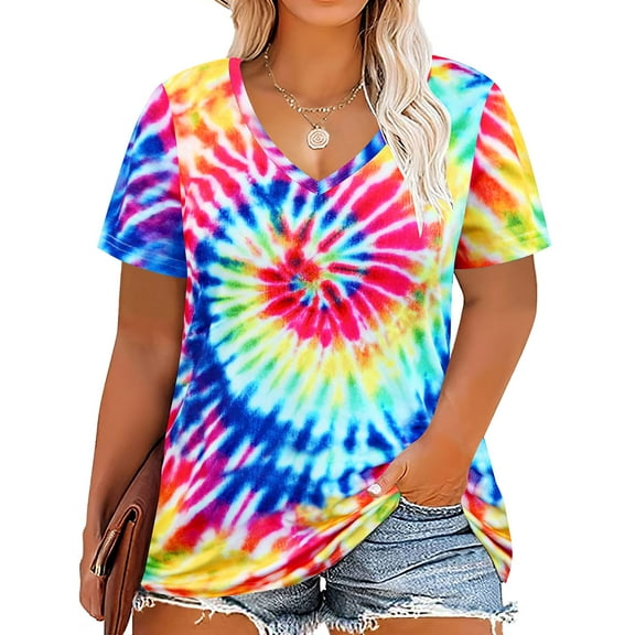 TIYOMI Womens Plus Size Shirts 2X Tie Dye Short Sleeve Rainbow Tops V-Neck Casual Spring Tees Casual Loose Fit Blouses For Summer 2XL 18W 20W