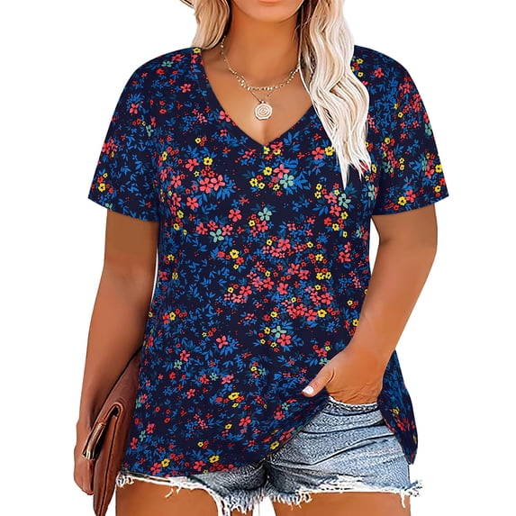 TIYOMI Womens Plus Size Shirts 4X Short Sleeve Tops Navy Blue Floral V-Neck Summer Colorful Flowers Tee Casual Tunics Loose Fit Blouses 4XL 24W 26W