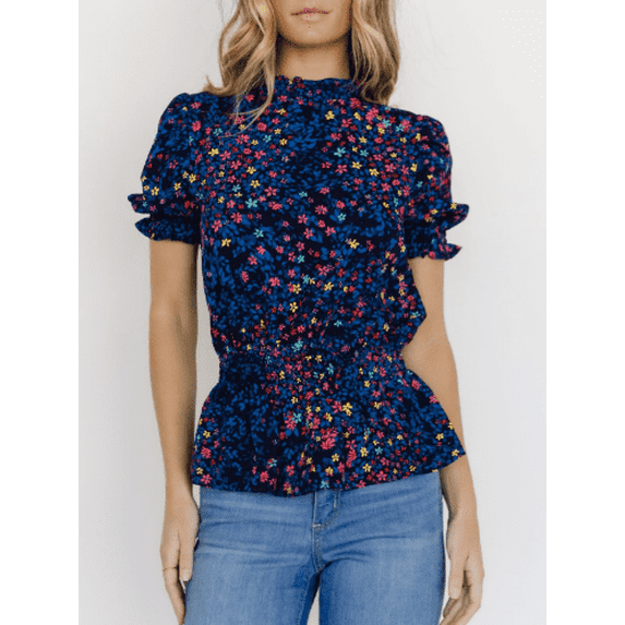 TIYOMI Womens Plus Size Shirts 4X Short Sleeve Tops Navy Blue Floral V-Neck Summer Colorful Flowers Tee Casual Tunics Loose Fit Blouses 4XL 24W 26W
