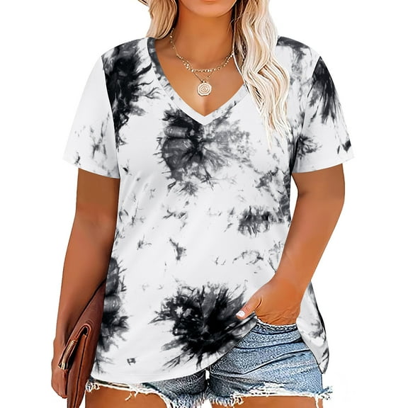 TIYOMI Womens Plus Size Shirts Tie Dye Tops Short Sleeve Black and White Summer Blouse V-Neck Casual Tees Casual Loose Fit 2XL 18W 20W