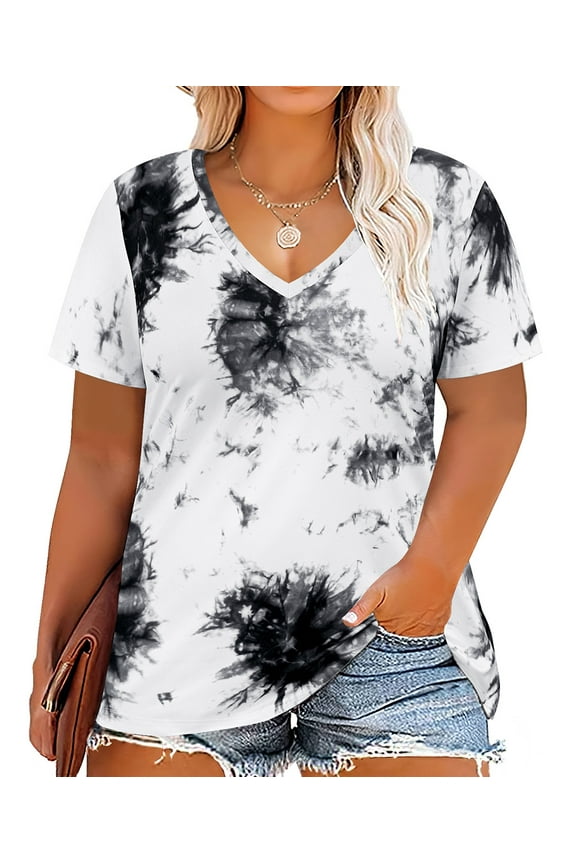 Womens Plus Size Shirts Tie Dye Tops Short Sleeve Black and White Summer Blouse V-Neck Casual Tees Casual Loose Fit 2XL 18W 20W