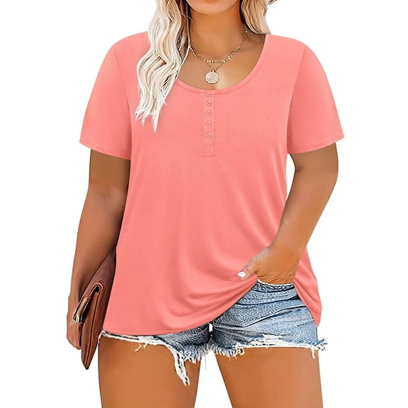 TIYOMI Womens Plus Size Summer Tops 3x Henley Shirts Buttons Down Basic Solid Short Sleeve Tees Peach Pink Crewneck T-shirts For Women Casual Tunics 3XL 20W 22W