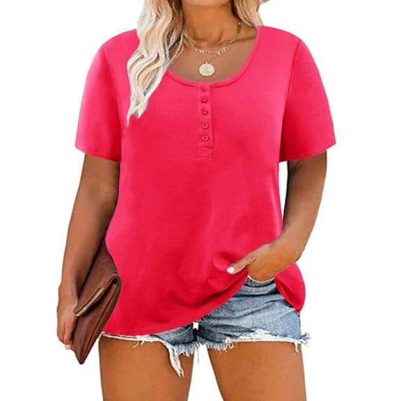 TIYOMI Womens Plus Size Summer Tops 3x Henley Shirts Buttons Up Short Sleeve Tees Hot Pink Crewneck T-shirts For Women Casual Tunics 3XL 20W 22W