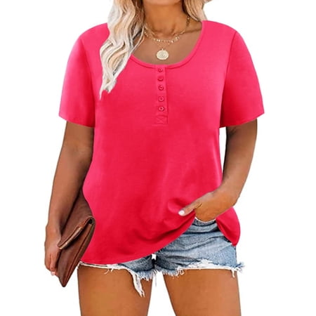 TIYOMI Womens Plus Size Summer Tops 3x Henley Shirts Buttons Up Short Sleeve Tees Hot Pink Crewneck T-shirts For Women Casual Tunics 3XL 20W 22W