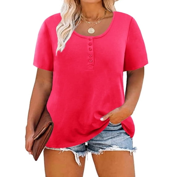 TIYOMI Womens Plus Size Summer Tops 3x Henley Shirts Buttons Up Short Sleeve Tees Hot Pink Crewneck T-shirts For Women Casual Tunics 3XL 20W 22W
