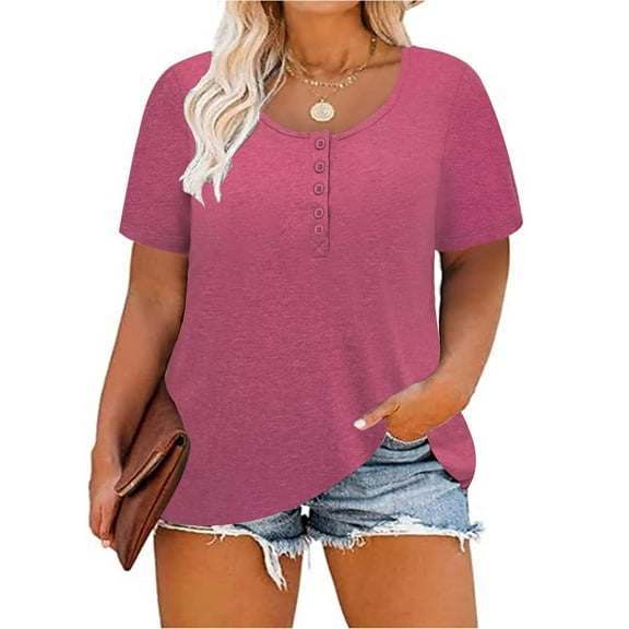 TIYOMI Womens Plus Size Summer Tops 3x Henley Shirts Buttons Up Short Sleeve Tees Pink Purple Crewneck T-shirts For Women Casual Tunics 3XL 20W 22W