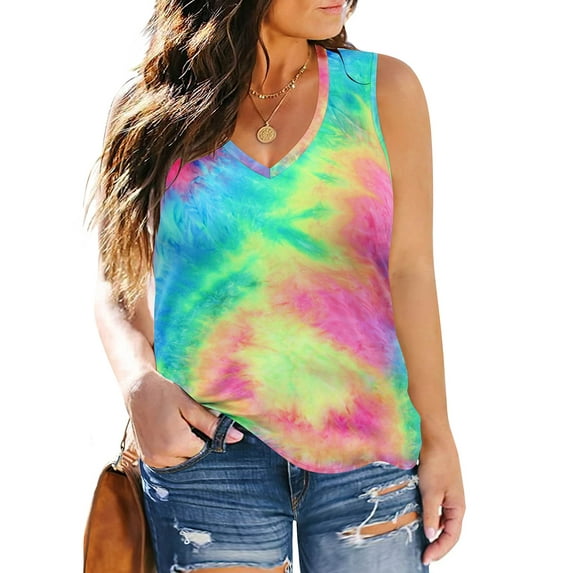 TIYOMI Womens Plus Size Tank Tops 2X Summer Camisole Tie Dye Rainbow Sleeveless Cami Beach V Neck Casual Loose Fit Vest 2XL 18W 20W
