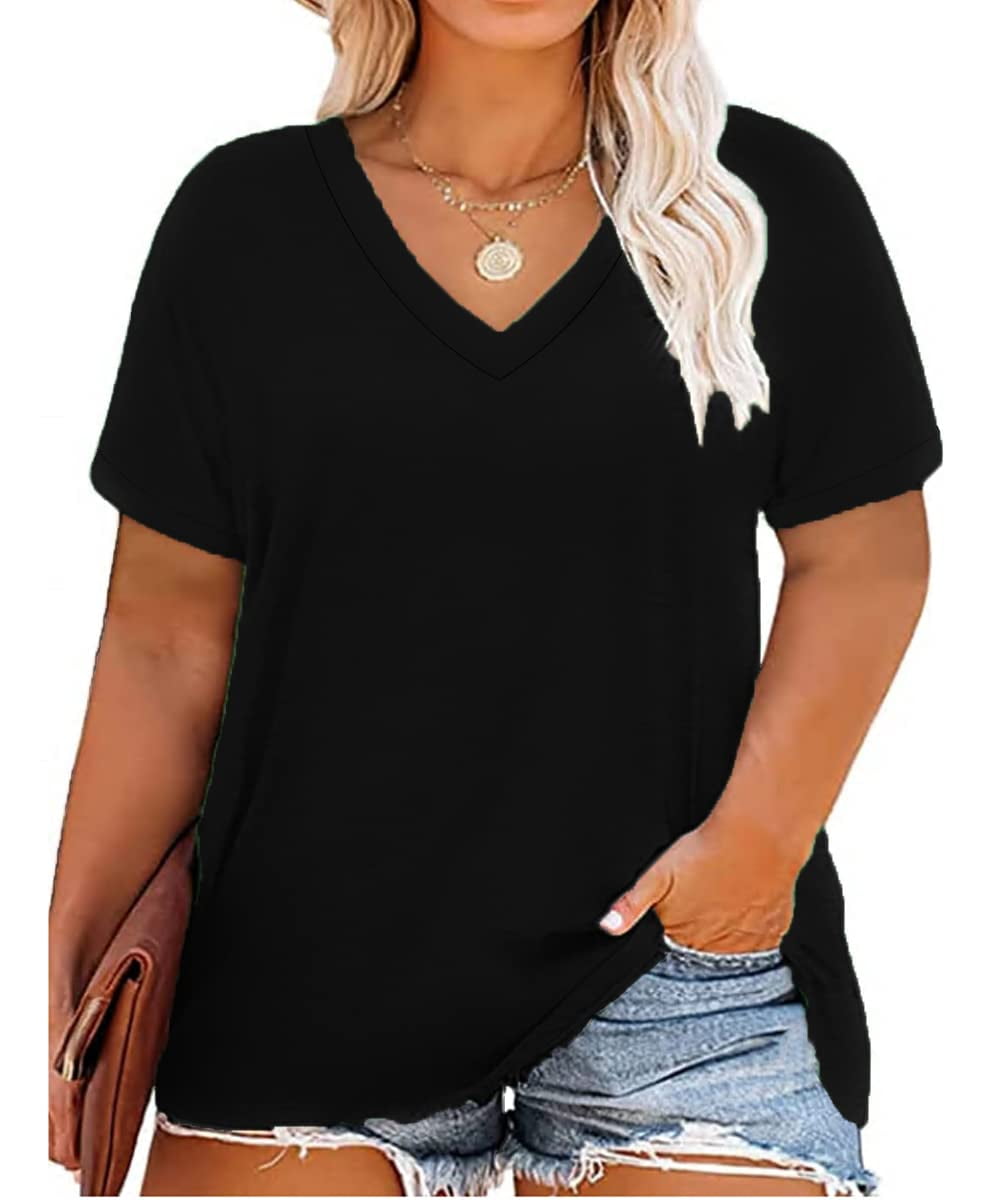 TIYOMI Womens Plus Size Tops Basic Short Sleeve Shirts V Neck Tunics Black Casual  Loose Fit Blouses Solid Color Tees for Summer 5XL 26W 28W 