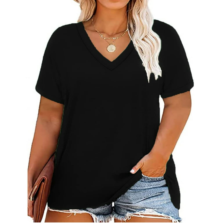 TIYOMI Womens Plus Size Tops Basic Short Sleeve Shirts V Neck Tunics Black  Casual Loose Fit Blouses Solid Color Tees for Summer 5XL 26W 28W