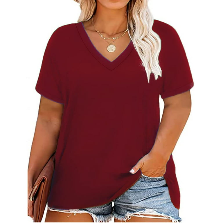 TIYOMI Womens Plus Size Tops Basic Short Sleeve Shirts V Neck Tunics Wine  Red Casual Loose Fit Blouses Solid Color Tees for Summer 5XL 26W 28W