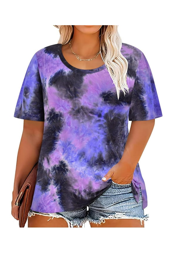 Womens Plus Size Tops Purple & Blue Tie Dye Slit t shirts For Women Summer Round Neck Short Sleeve Shirts Workout Tee Casual T-Shirt XL 14W 16W