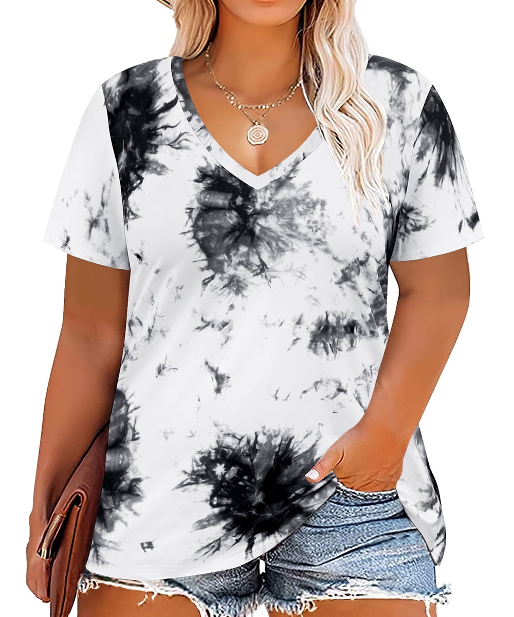 Plus Size Women's Short Sleeve T-Shirt - V-Neck, Loose Fit Tunic, Tie Dye, Soft Polyester Blend