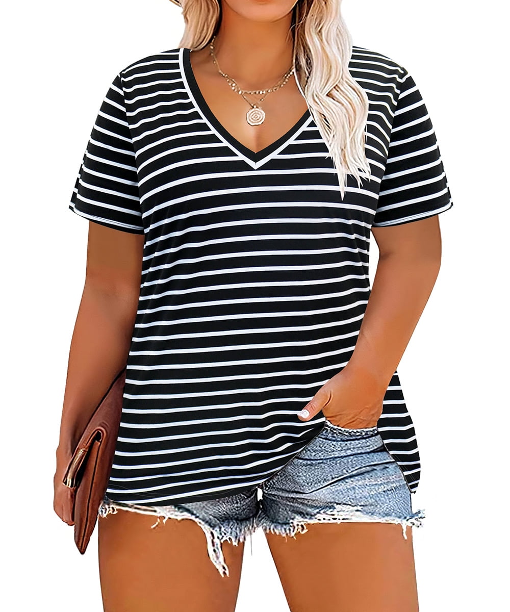 TIYOMI Womens Plus Size Tops White Striped Black Shirts Short Sleeve V-Neck  Tunics For Summer Casual Pullover Spring 5XL 26W 28W