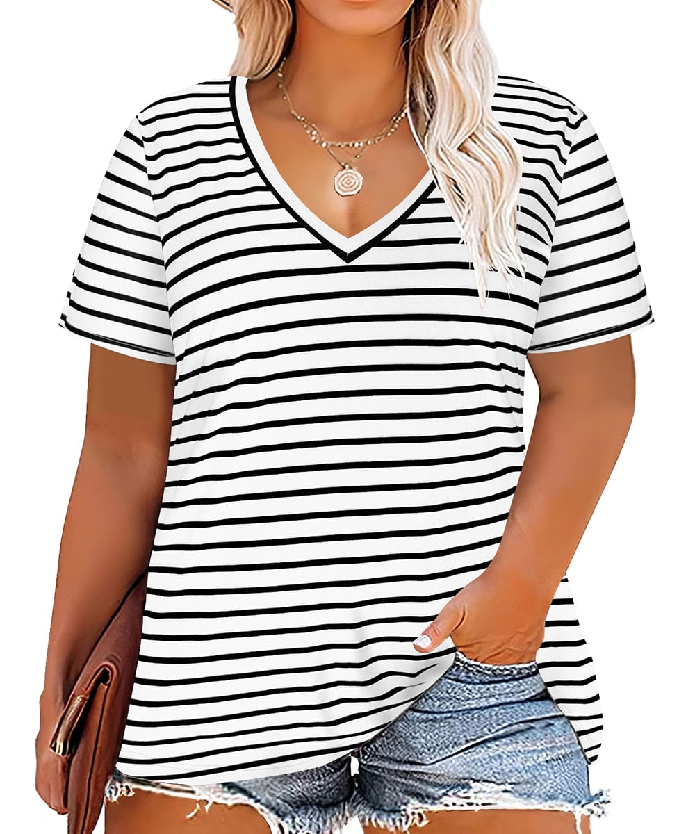 TIYOMI Womens Plus Size Tops White Striped Shirts Short Sleeve Pullover ...