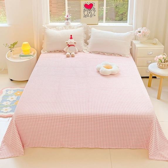 TIYYHOME Plaid King Flat Bed Sheets, Retro Country Buffalo Check Gingham Soft Deep Pocket Top Sheet, Breathable Micorfiber Bedding, Lightweight Fade Resistant Flat Sheet, Pink & White