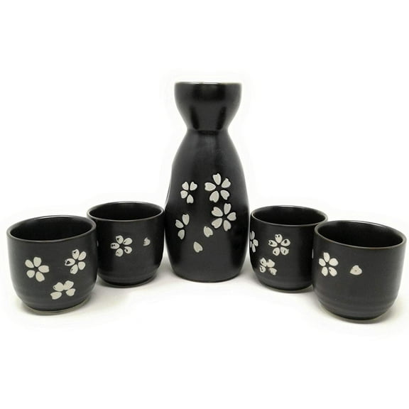 TJ Global 5-Piece Sake Set, Durable Ceramic Japanese Sake Set with 1 Carafe/Decanter/Tokkuri Bottle and 4 Ochoko cups for Hot or Cold Sake at Home or Restaurant - Black with White Flower Petal Design