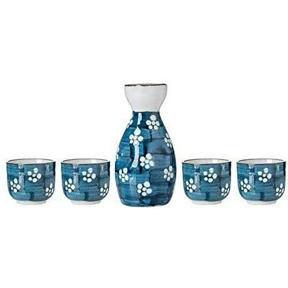 TJ Global 5-Piece Sake Set, Durable Ceramic Japanese Sake Set with 1 Carafe/Decanter/Tokkuri Bottle and 4 Ochoko cups for Hot or Cold Sake at Home or Restaurant - Blue with White Flowers