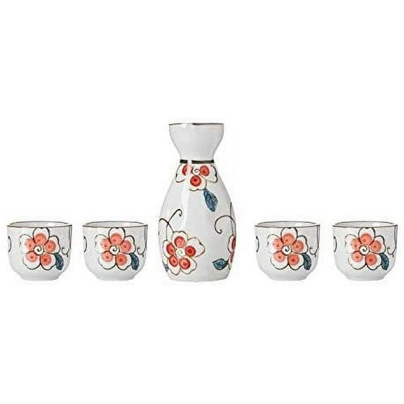 TJ Global 5-Piece Sake Set, Durable Ceramic Japanese Sake Set with 1 Carafe/Decanter/Tokkuri Bottle and 4 Ochoko cups for Hot or Cold Sake at Home or Restaurant - White with Red Flowers