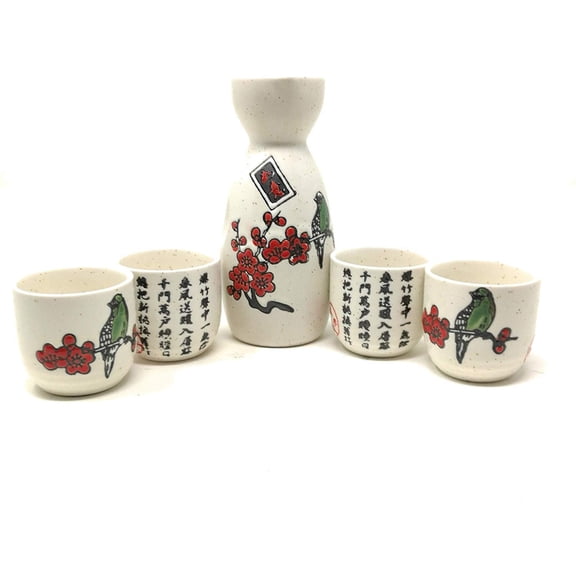 TJ Global 5-Piece Sake Set, Durable Ceramic Japanese Sake Set with 1 Carafe/Decanter/Tokkuri Bottle and 4 Ochoko cups for Sake at Home or Restaurant - Cherry Blossom with Bird and Calligraphy