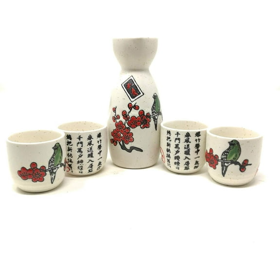 TJ Global 5-Piece Sake Set, Durable Ceramic Japanese Sake Set with 1 Carafe/Decanter/Tokkuri Bottle and 4 Ochoko cups for Sake at Home or Restaurant - Cherry Blossom with Bird and Calligraphy