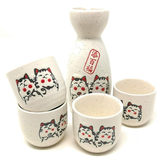 TJ Global 5-Piece Sake Set, Durable Ceramic Japanese Sake Set with 1 Carafe/Decanter/Tokkuri Bottle and 4 Ochoko cups for Hot or Cold Sake at Home or Restaurant - Cute Cat Design
