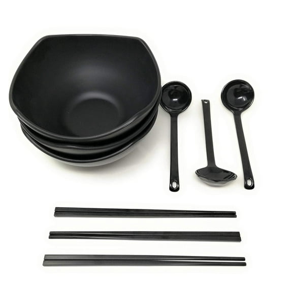 TJ Global 56 Ounce Large Melamine Japanese Ramen Noodle Soup Bowl Set Hard Plastic Dishware for Udon Soba Pho Asian Noodles - 8.27" x 4.72", Comes with chopsticks and spoons (3 Sets)
