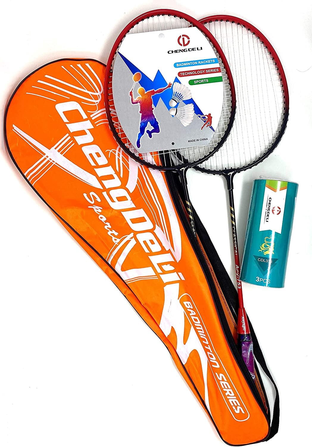 TJ Global Badminton Racquet Set, Pair of 2 Rackets with 3 Shuttlecocks and Carrying Bag Included, for Professional & Beginner Players, Lightweight Carbon Fiber (Orange)
