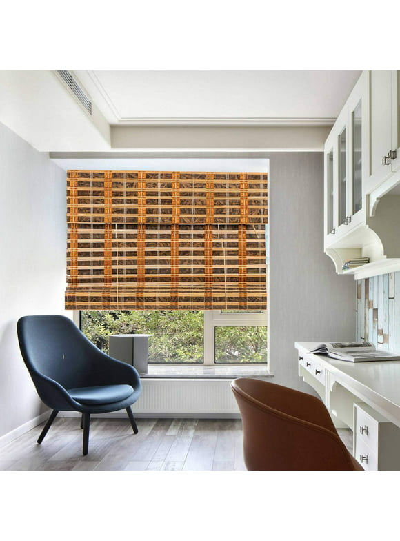 TJ Global Bamboo Roll Up Window Blind Sun Shade, Light Filtering Roller Shades with Valence Carbonized, 24" x 64"