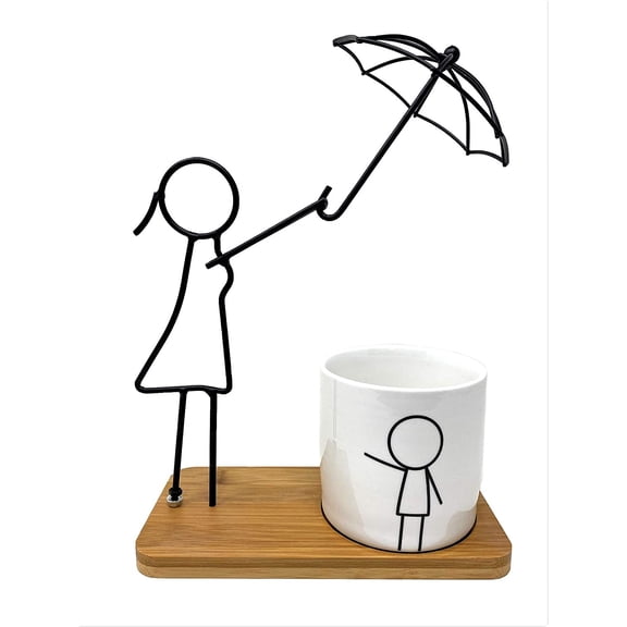 TJ Global Ceramic Family Succulent Planter Cactus Pot with Bamboo Tray, Family Member Characters with Iron Frame Design for Home Office Desk Decoration, Pencil Holder (Mother and Son)