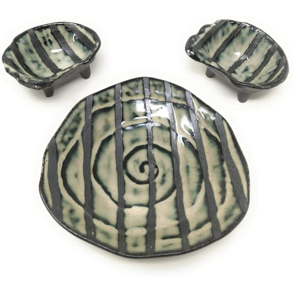 TJ Global Ceramic Japanese Sushi for 2 Set, One Plate and Two Soy Sauce Dishes with Swirl Design
