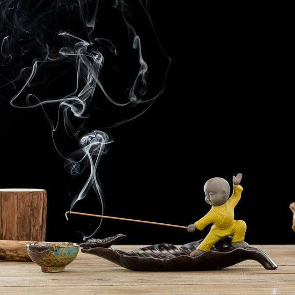 TJ Global Ceramic Monk in Yellow Standing on Leaf Incense Burner for Incense Stick and Cone Holder, Ash Catcher Tray