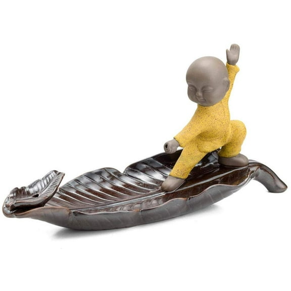 TJ Global Ceramic Monk on Leaf Incense Burner for Incense Stick and Cone Holder, Ash Catcher Tray