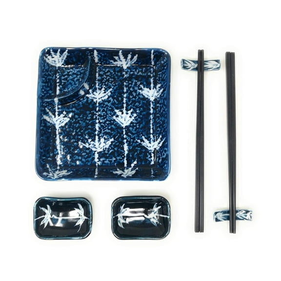TJ Global Ceramic Square Shape Japanese Sushi for 2 Set, One Plate, Two Chopstick Holders, Two Pairs of Chopsticks, and Two Soy Sauce Dishes, Glazed (#2)