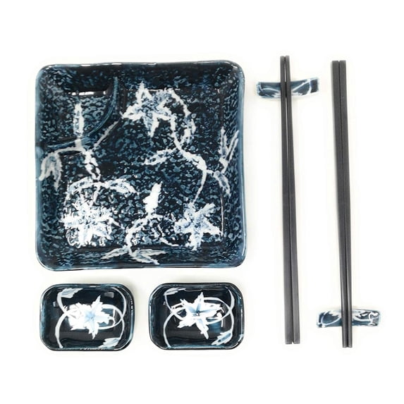 TJ Global Ceramic Square Shape Japanese Sushi for 2 Set, One Plate, Two Chopstick Holders, Two Pairs of Chopsticks, and Two Soy Sauce Dishes, Glazed (#3)
