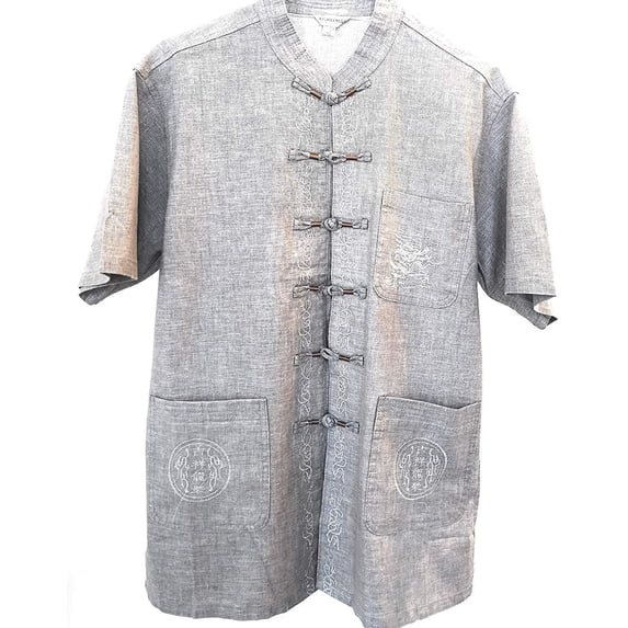 TJ Global Mens Traditional Chinese Linen Cotton Short Sleeves Tai Chi Kung Fu Mandarin Collar Frog-Button up Shirt - Grey Small