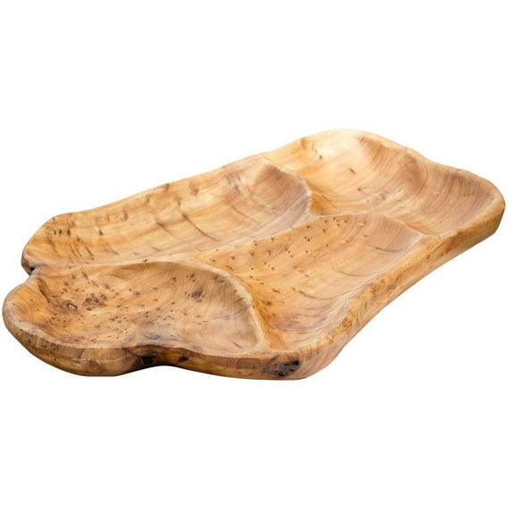 TJ Global Natural Rood Wood Serving Platter Tray Board for Cheese, Appetizer, Charcuterie, Bread, Snacks, or Decor Display with 4 Compartments 18" x 13"