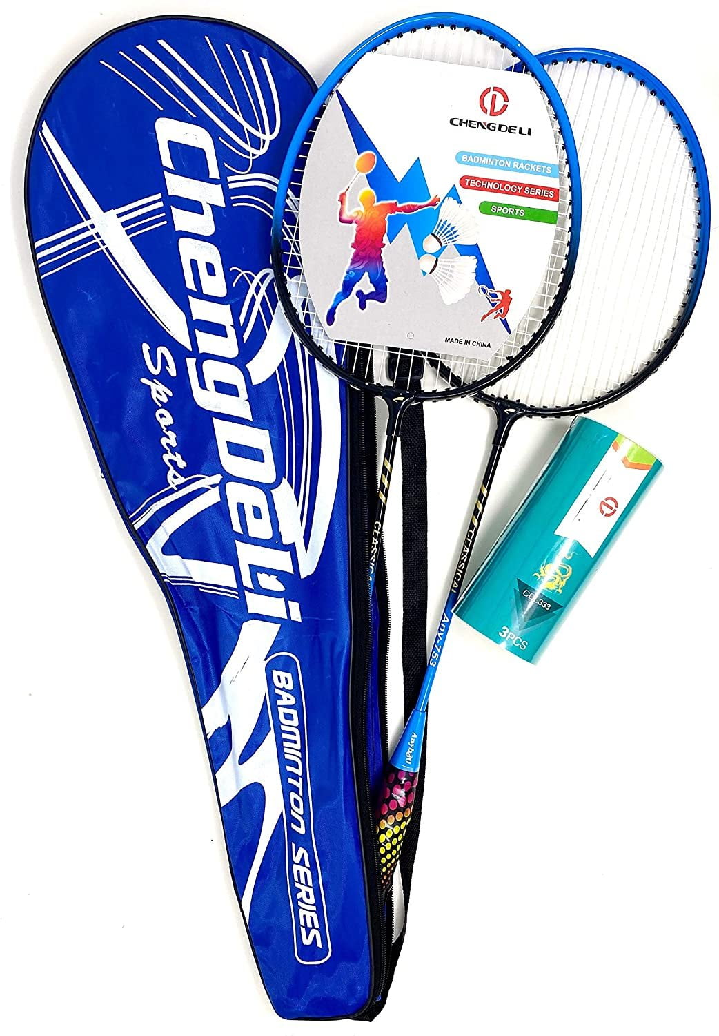 TJ Global Badminton Racquet Set, Pair of 2 Rackets with 3 Shuttlecocks and Carrying Bag Included, for Professional & Beginner Players, Lightweight Carbon Fiber (Blue)