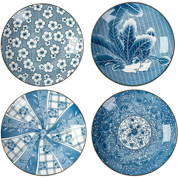 TJ Global Set of 4 Japanese Pottery Ceramic 6.8 Inch Plates for Any Meal and Dish, Japanese Dinnerware and Tableware with Traditional Blue Design POR606