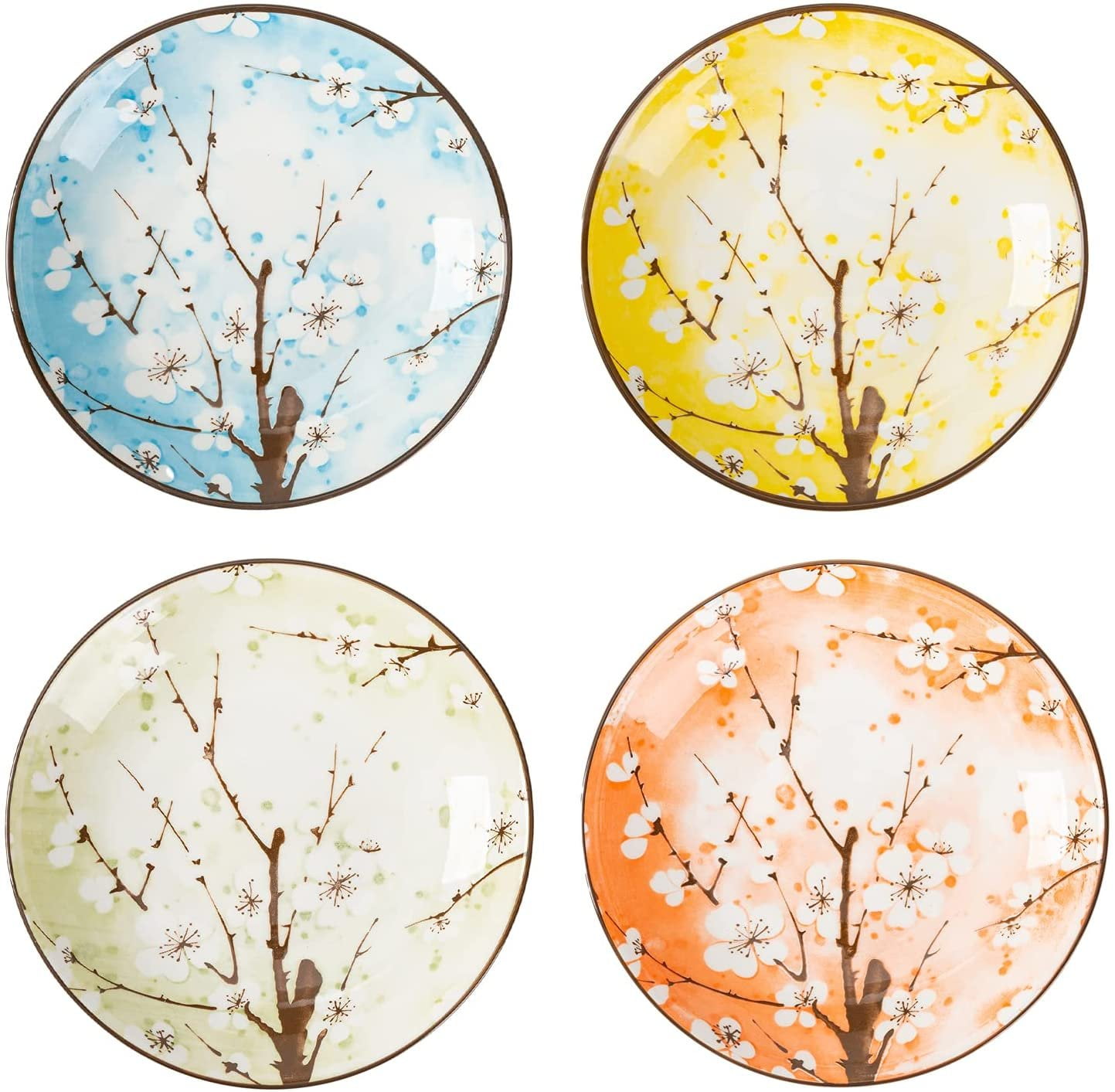 TJ Global Set of 4 Japanese Pottery Ceramic 7 Inch Plates for Any Meal and Any Dish, Japanese Dinnerware and Tableware Comes in Assorted Colors with Cherry Blossom Design