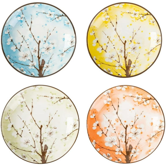 TJ Global Set of 4 Japanese Pottery Ceramic 7 Inch Plates for Any Meal and Any Dish, Japanese Dinnerware and Tableware Comes in Assorted Colors with Cherry Blossom Design