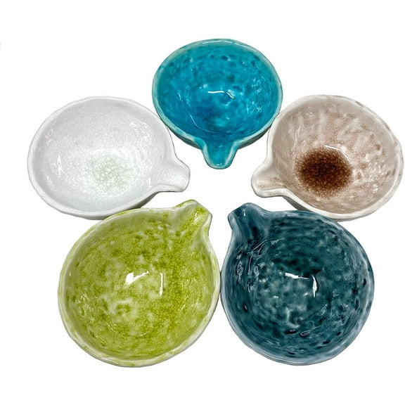 TJ Global Set of 5 Small Japanese Pottery Ceramic Sauce Dishes With Lip for Dips, Salsa, Snacks, Side Dishes, Sauce - 3 Fluid Ounce Capacity