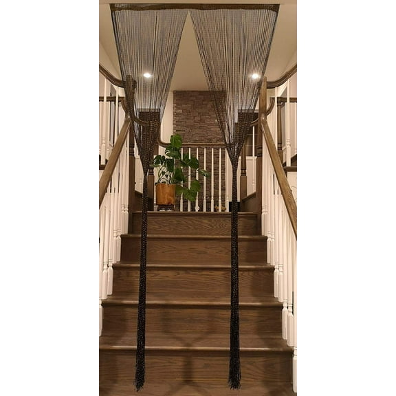 TJ Global String Curtain Room Divider Partition Door with Ribbon Thread, Tapestry, Fringe Window Panel Strip Tassel for House, Restaurant, Events, Photo Backdrop W39 x H79 (1M X 2M) - Black