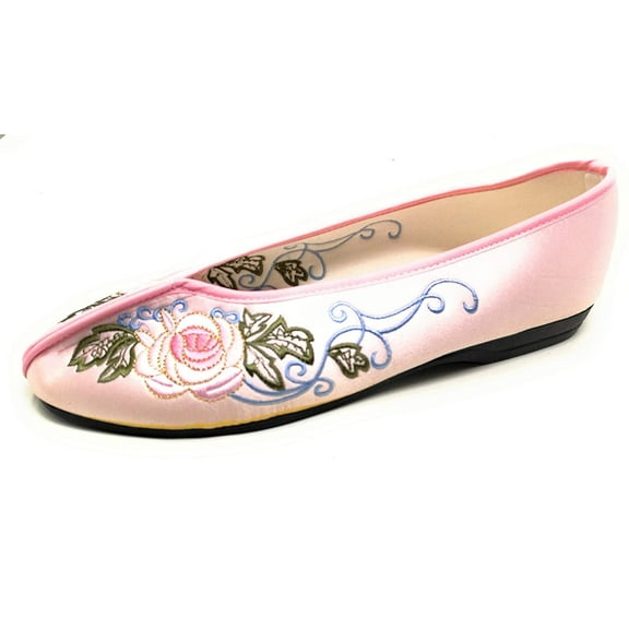 TJ Global Women's Traditional Chinese Flower Embroidery Flats - Totem Style Loafers Comfortable Round Toe Ballet, Cheongsam (Pink, Size 9)