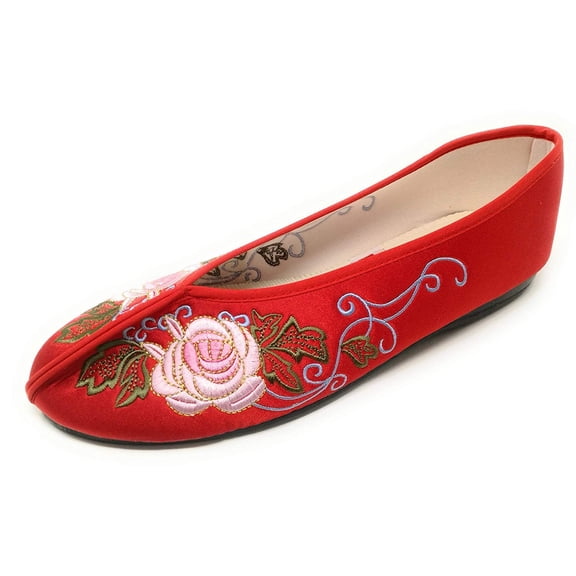 TJ Global Women's Traditional Chinese Flower Embroidery Flats - Totem Style Loafers Comfortable Round Toe Ballet, Cheongsam (Red, Size 7)