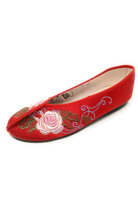 Women's Traditional Chinese Flower Embroidery Flats - Totem Style Loafers Comfortable Round Toe Ballet, Cheongsam (Red, Size 7)